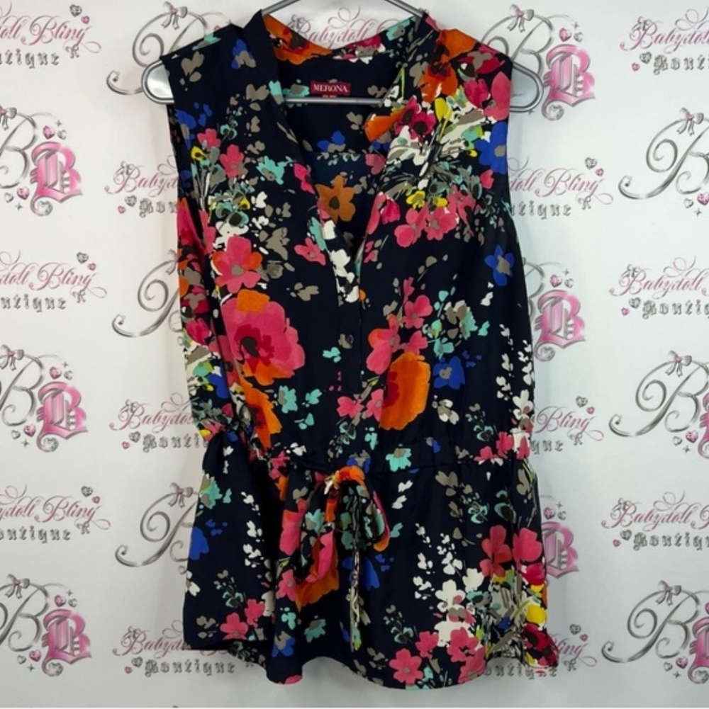 Merona shirt button up peplum tie up cinch Black Floral Sleeveless Blouse XL/XXL